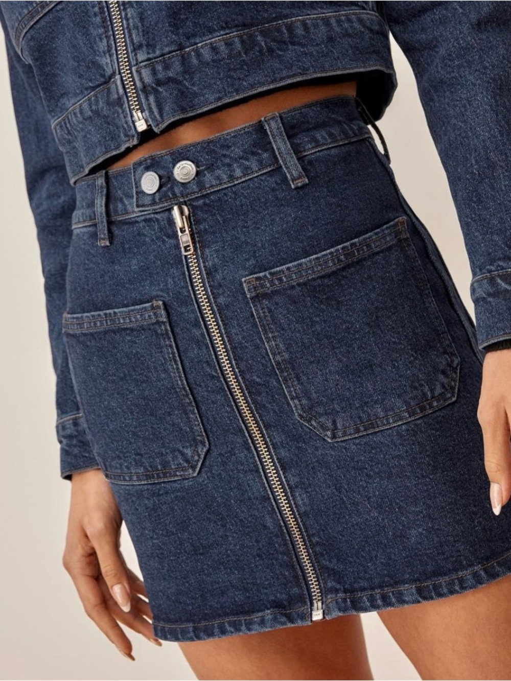 Reformation Blue Denim Zip-Front Mini Skirt